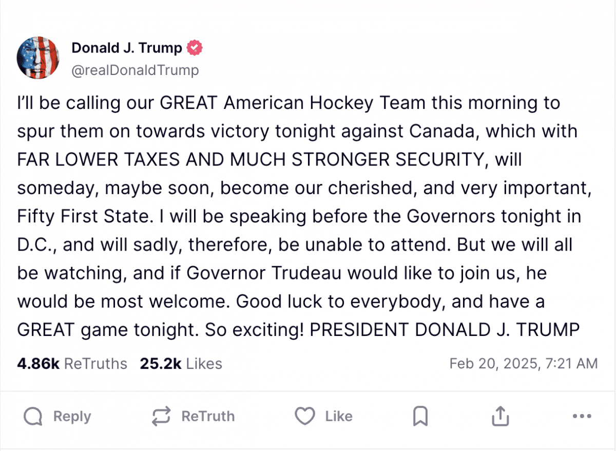 Trump Shares Message For USA Hockey Team Ahead Of 4 Nations